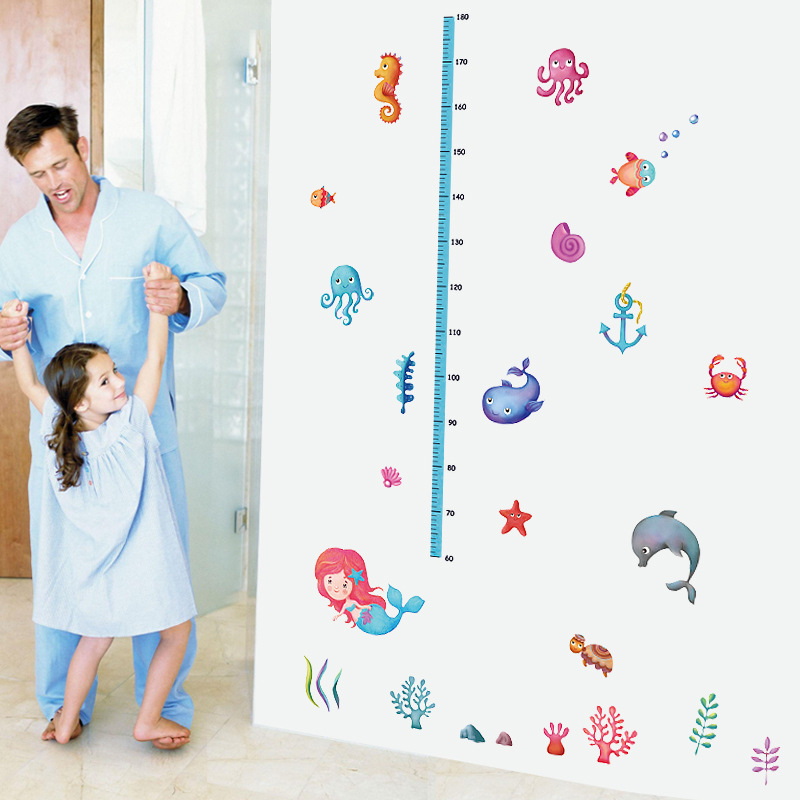 Kids Height Sticker Undersea Mermaid Wall Decal For Children's Room Kindergarten Entrance Door Decorative Height Measuring Ruler