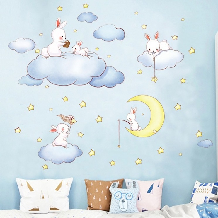 Kids Room Wall Decals Cartoon Rabbit Play on Moon Cloud Wall Stickers for Girls Boys Baby Room Stickers Murals Wallpaper