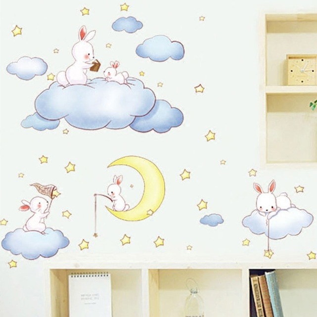 Kids Room Wall Decals Cartoon Rabbit Play on Moon Cloud Wall Stickers for Girls Boys Baby Room Stickers Murals Wallpaper