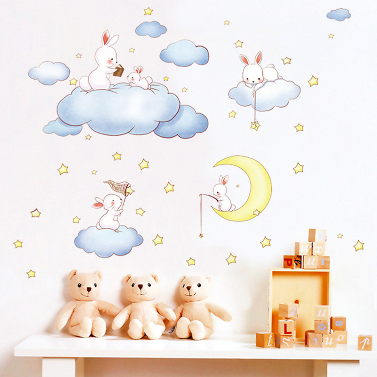 Kids Room Wall Decals Cartoon Rabbit Play on Moon Cloud Wall Stickers for Girls Boys Baby Room Stickers Murals Wallpaper