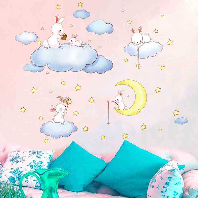 Kids Room Wall Decals Cartoon Rabbit Play on Moon Cloud Wall Stickers for Girls Boys Baby Room Stickers Murals Wallpaper