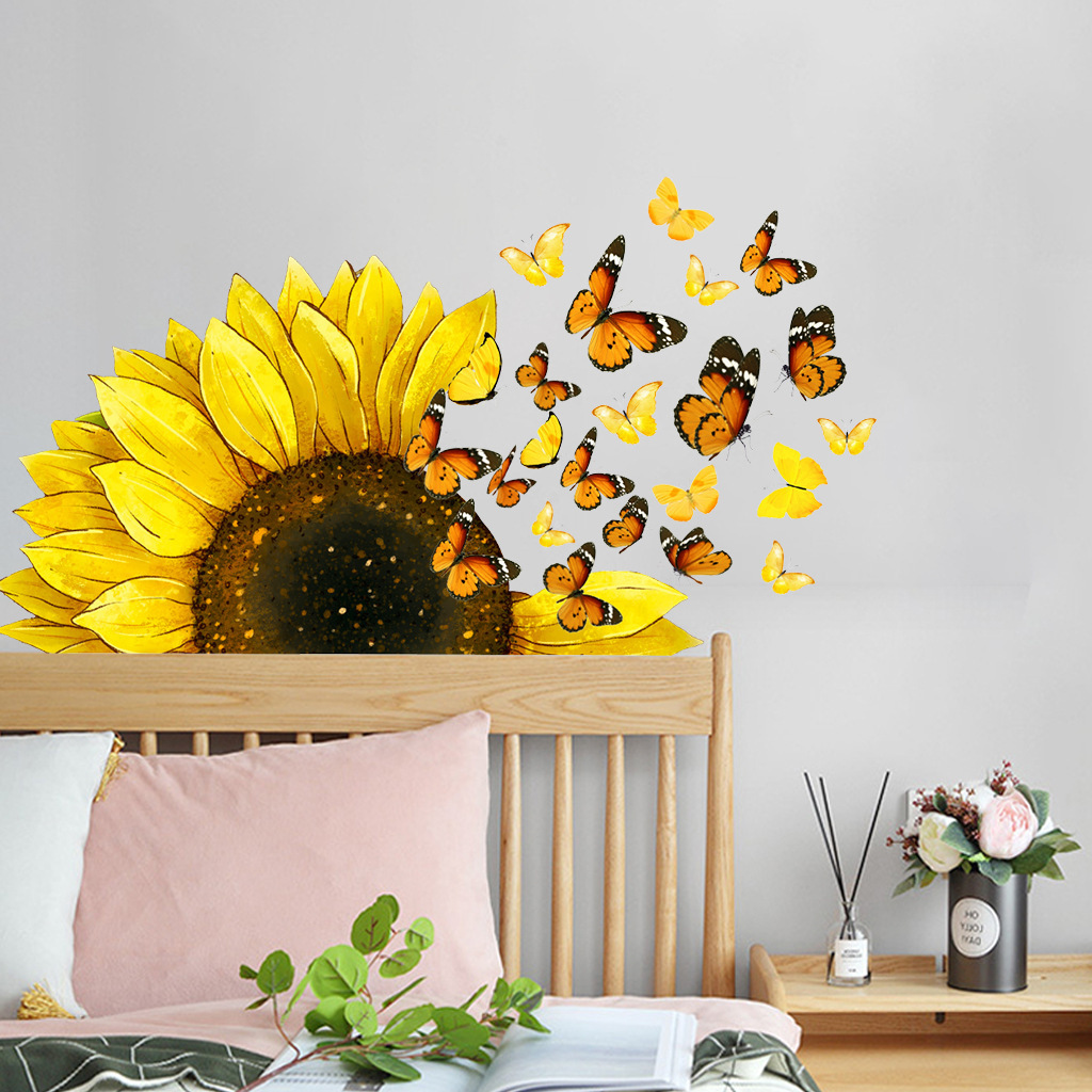 Wholesale Custom New PVC Removable Inspirational Butterflies Sunflower Decorative Decorative Wall Sticker for Bedroom