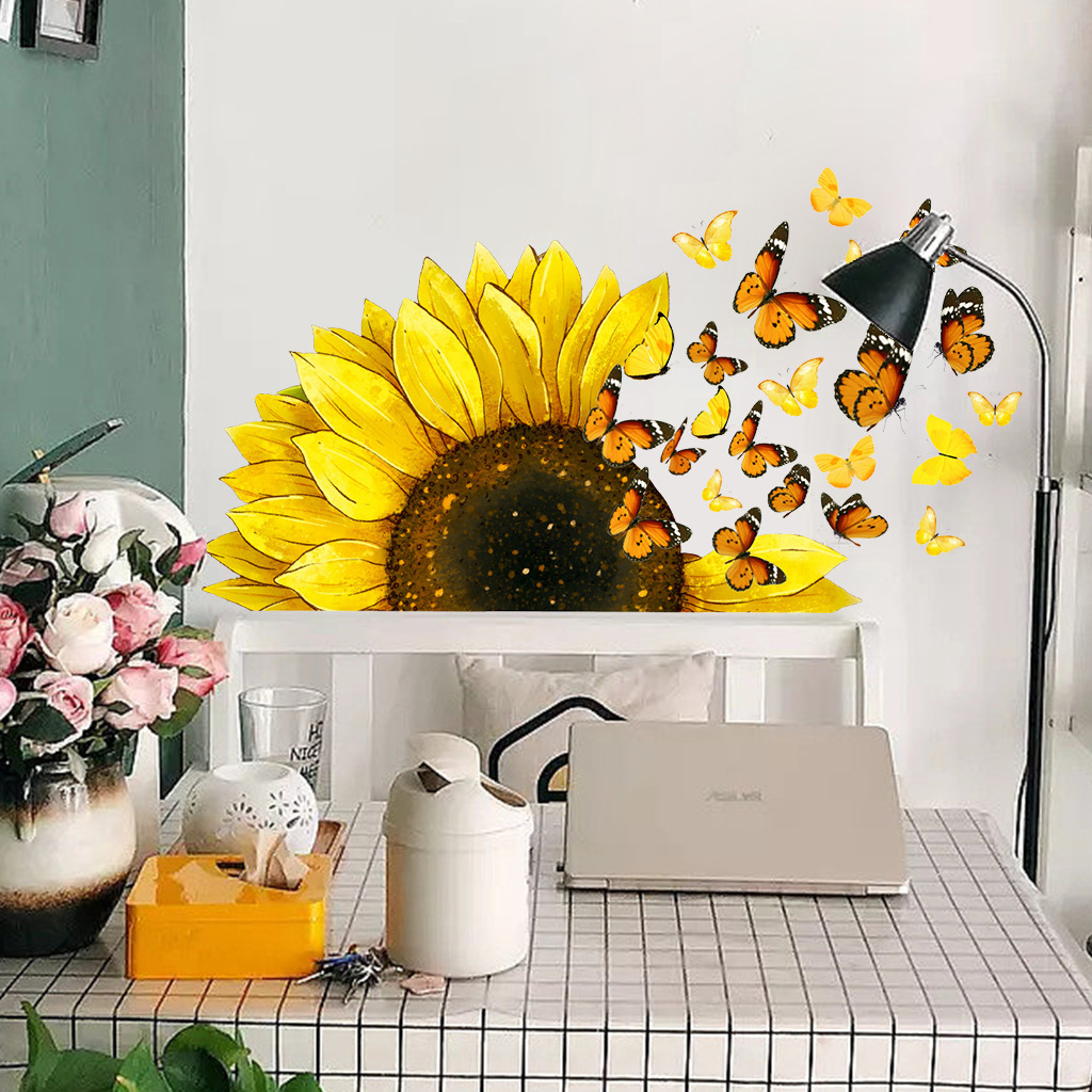 Wholesale Custom New PVC Removable Inspirational Butterflies Sunflower Decorative Decorative Wall Sticker for Bedroom