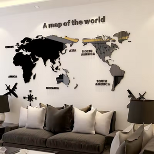 Black World Map Wall Sticker Self Adhesive 3D Acrylic Wall Sticker Decal Home Decor Art DIY Living Room Art Decal