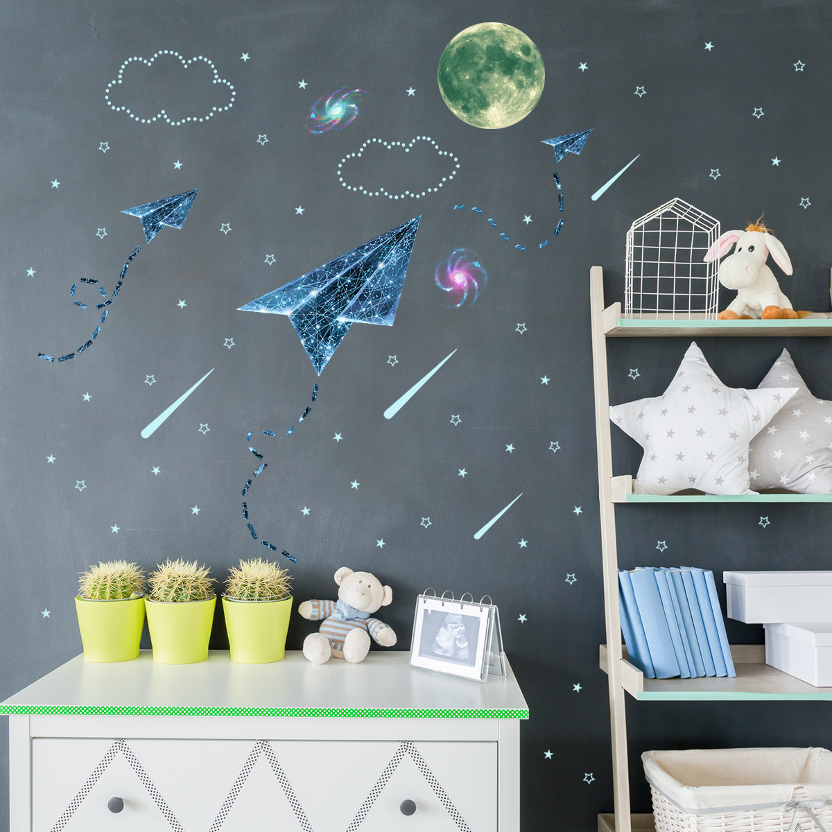 New blue light universe moon plane luminous stars wall sticker for kids bedroom nursery decor glow in dark wall stickers