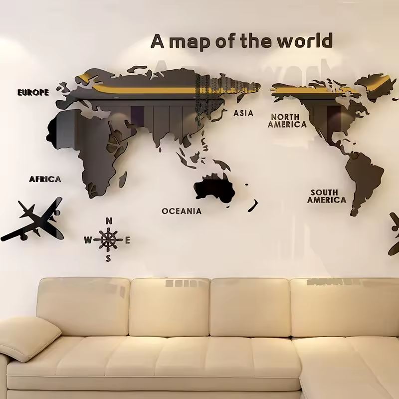 Black World Map Wall Sticker Self Adhesive 3D Acrylic Wall Sticker Decal Home Decor Art DIY Living Room Art Decal