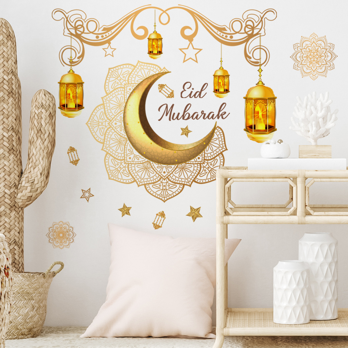 Ramadan Kareem Moon Star Home Decal Gold Castle Wall Sticker Eid Mubarak Ramadan Ceiling Decorations for Home Window