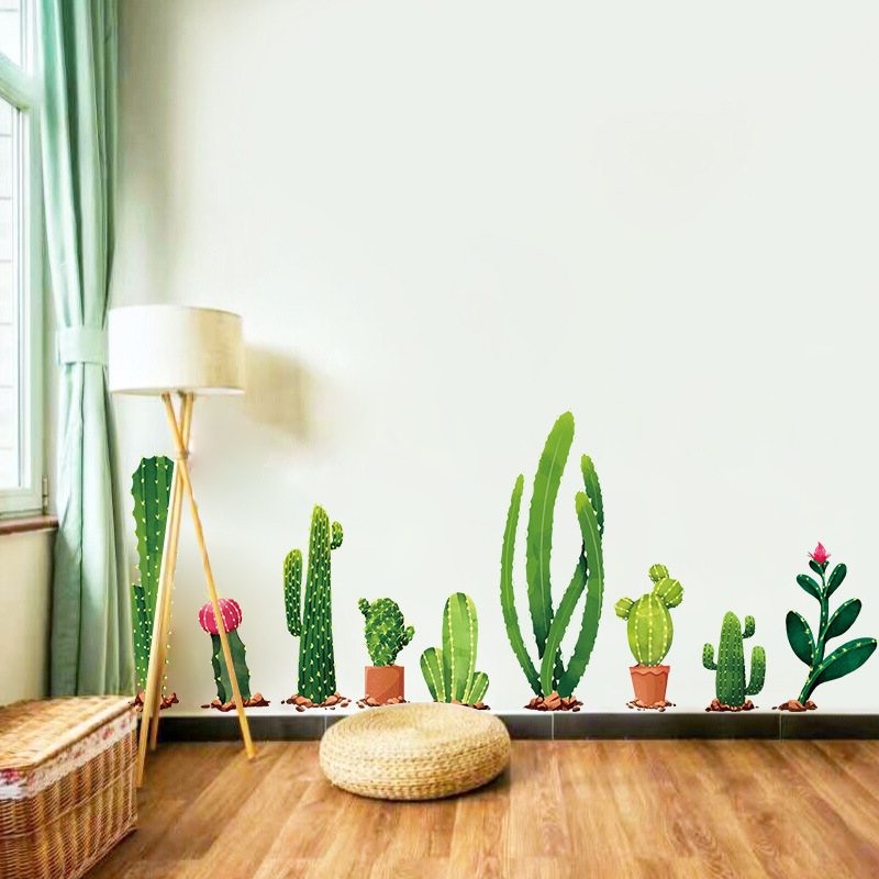 DIY Cartoon Cactus Wall Sticker For Kids Room Living Room TV Background Sofa Wall Decal Custom Wholesale Green Plant Stickers