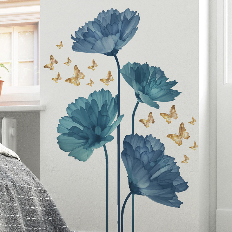 Creative Blue Flower Cluster Wall Sticker A dancing golden butterfly Decals Living Room Decorative Wallpaper