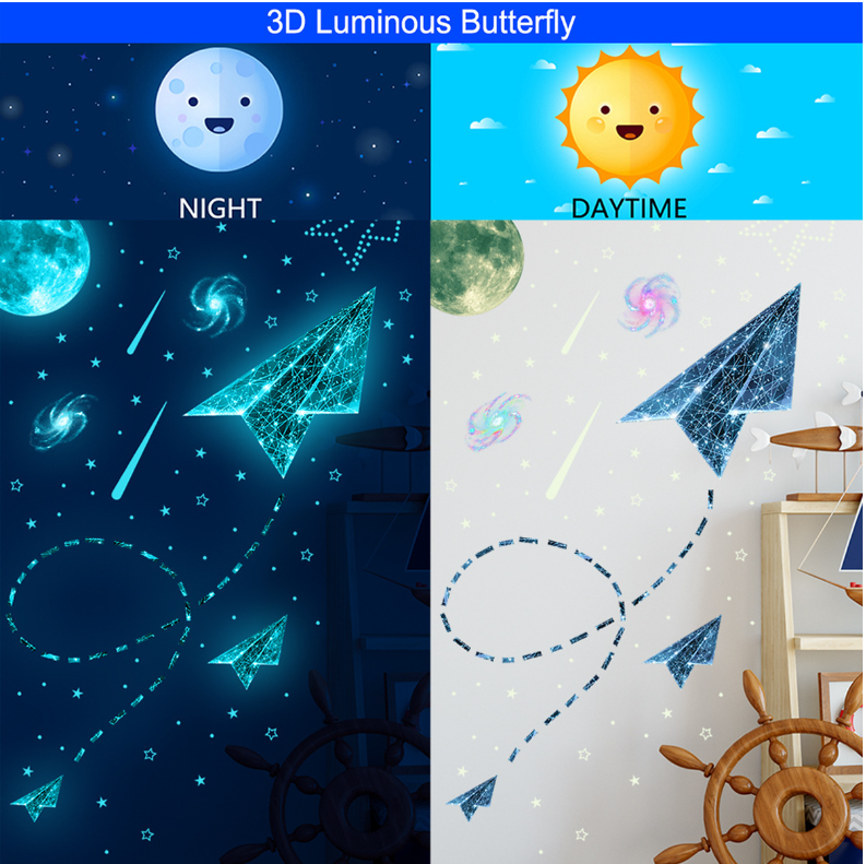 New blue light universe moon plane luminous stars wall sticker for kids bedroom nursery decor glow in dark wall stickers