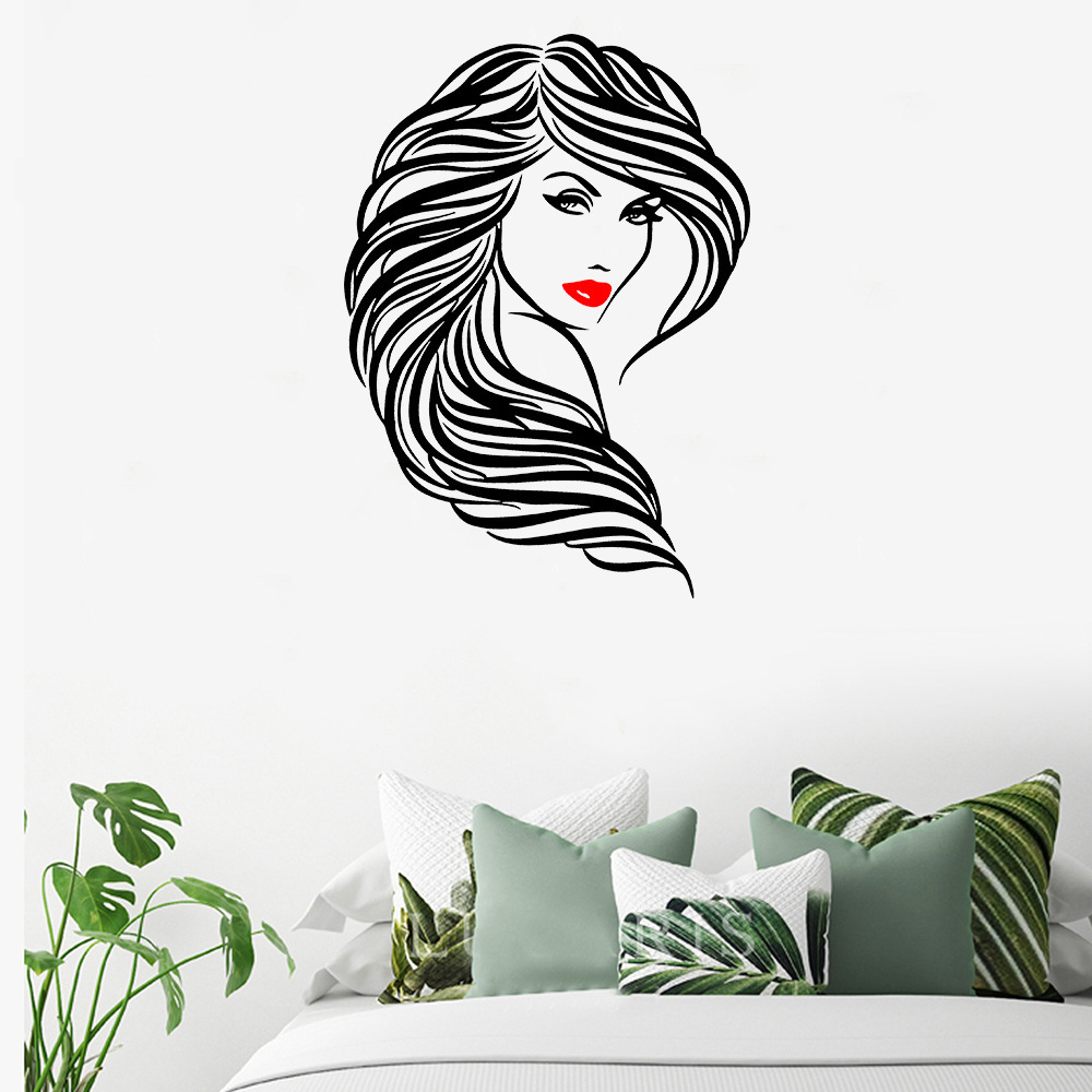 Self Adhesive Beauty Long Hair Salon Wall Decal Girl Face Hairstyle Wall Stickers For Window Barbershop Sign Decoration