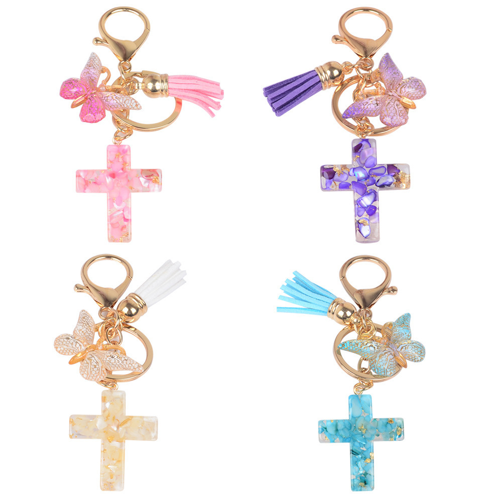 Wholesale Resin Bag Pendant Key Chain Trinket Accessories Gift Butterfly Jesus Christian Cross Charms Keychain With Tassels