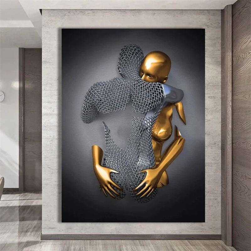 Popular Nordic Metal Figure Sculpture Wall Art Canvas Painting Modern Love Statue Poster Print Wall Picture for Bed Room Decor