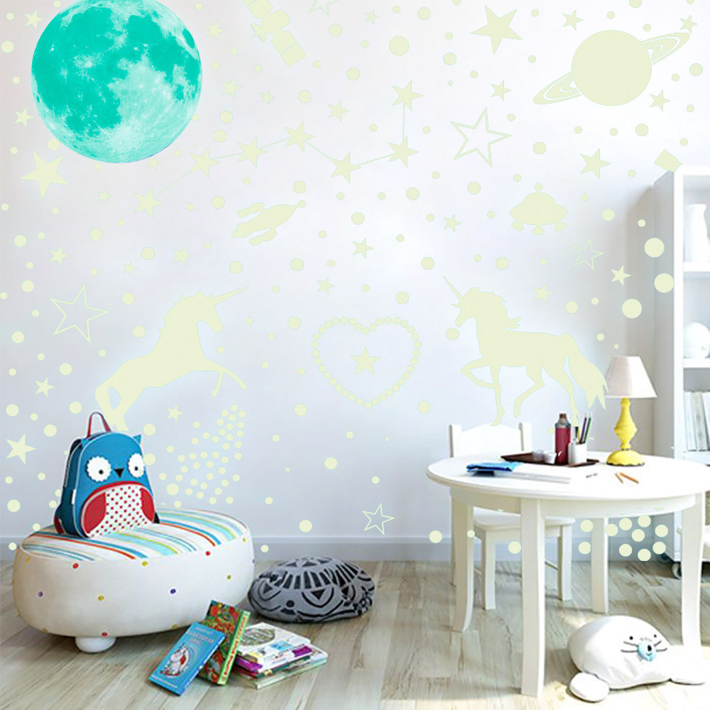 Luminous Moon Stars Unicorn Wall Stickers Glow In The Dark 3D Bubble Dot Star For Home Kids Room Ceiling Decor Fluorescent Wall