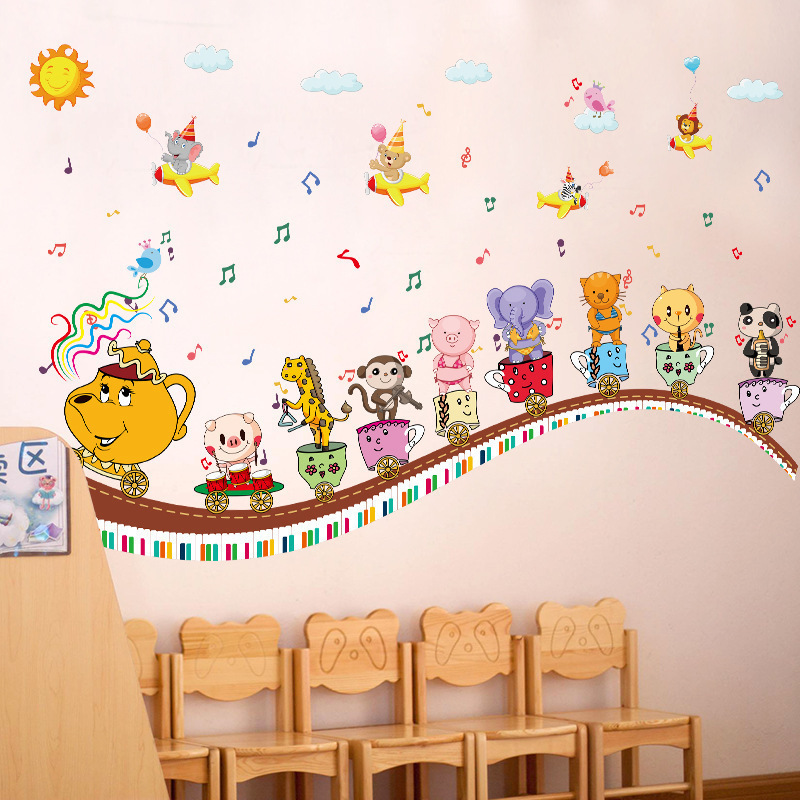 Nordic Cartoon Animals Wall Stickers for Kids Rooms Girls Boys Baby Room Decoration Giraffe Elephant Musical Note Cup Wallpaper