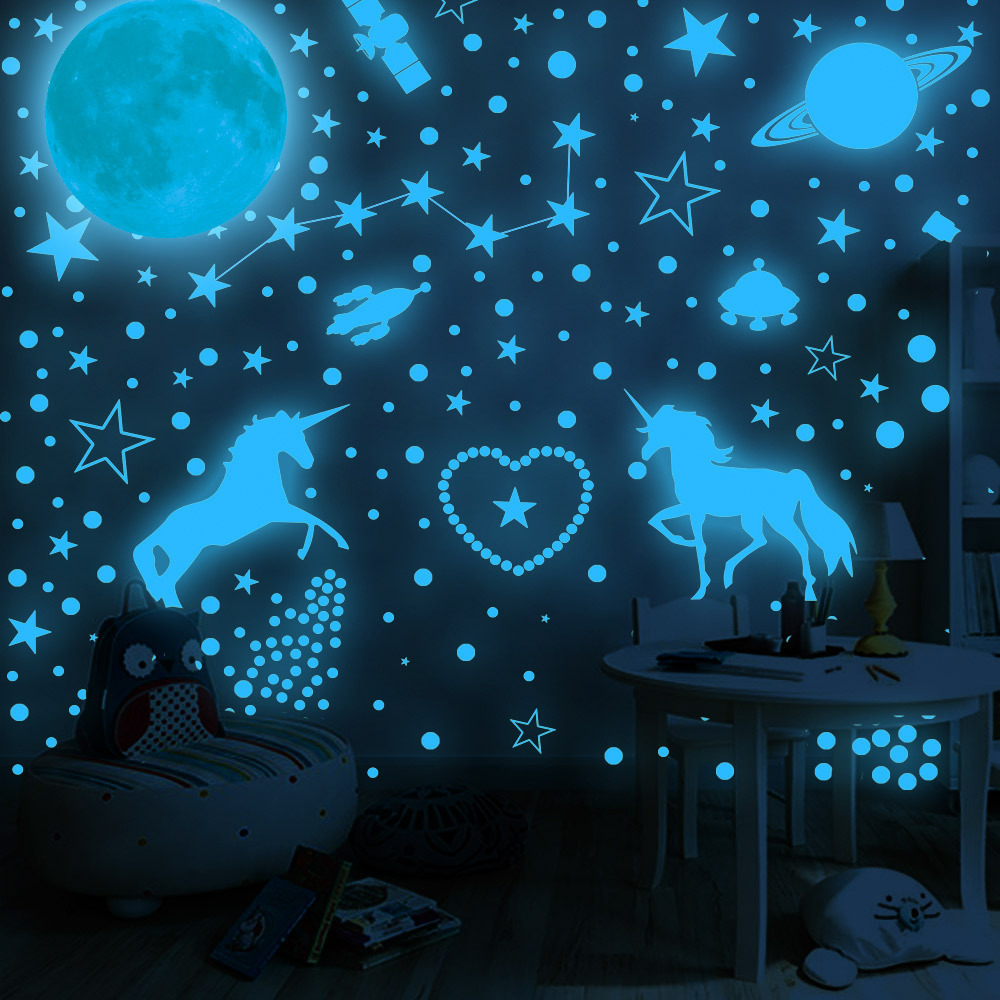 Luminous Moon Stars Unicorn Wall Stickers Glow In The Dark 3D Bubble Dot Star For Home Kids Room Ceiling Decor Fluorescent Wall