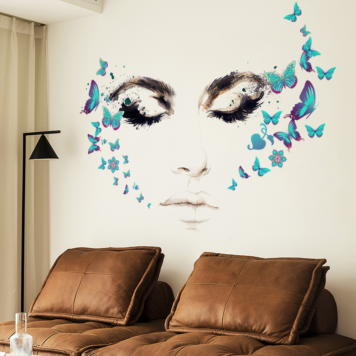 Blue Butterfly Flower Rattan Charming Eyelash Wall Stickers Home Decoration For Living Room Bedroom 30*60cm*2sheet Home Decor