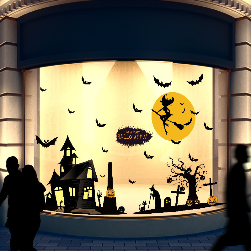 Halloween decorating cartoon wall stickers Witch castle black sticker Ghost pumpkin bat wall stickers