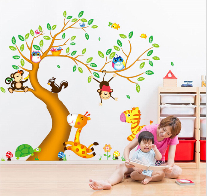 Cartoon Forest Animal Giraffe Elephant Bee Birds Tree Wall Stickers for Children's Room Bedroom Background Decoration Wallpaper