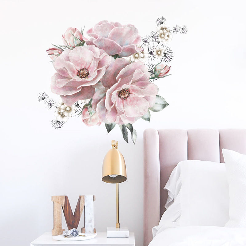 Water powder Pink White Peony Flowers Wall Stickers for Kids Room Living Room Bedroom Home Decorative Wall Decal