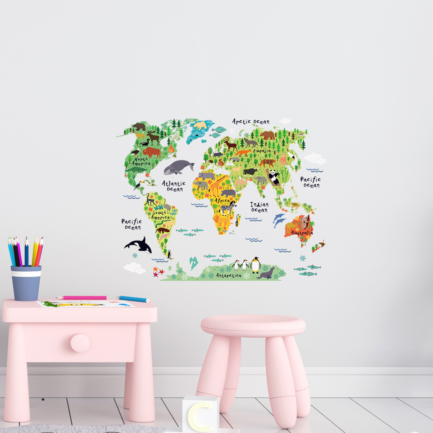 Animals World Map Wall Stickers For Kids Room Bedroom Kindergarten Classroom Wall Background Decor Removable Wall Decals Art