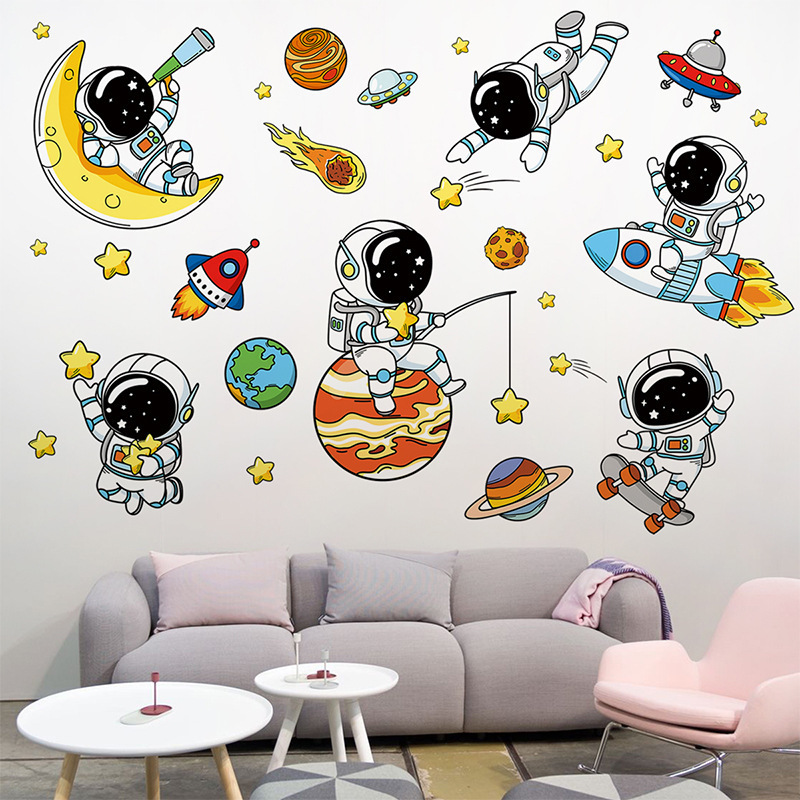 Space Astronaut Pilot Wall Sticker for Kids Room Kindergarten Wall Decoration Vinyl PVC Rocket Satellite Wall Decals Home Decor