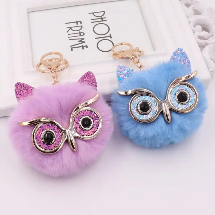 Owl Faux Fur  fur ball Keychain bag Purse Holder Key ring Backpack Pendants Owl Faux Fur green Pom Pom Key chains