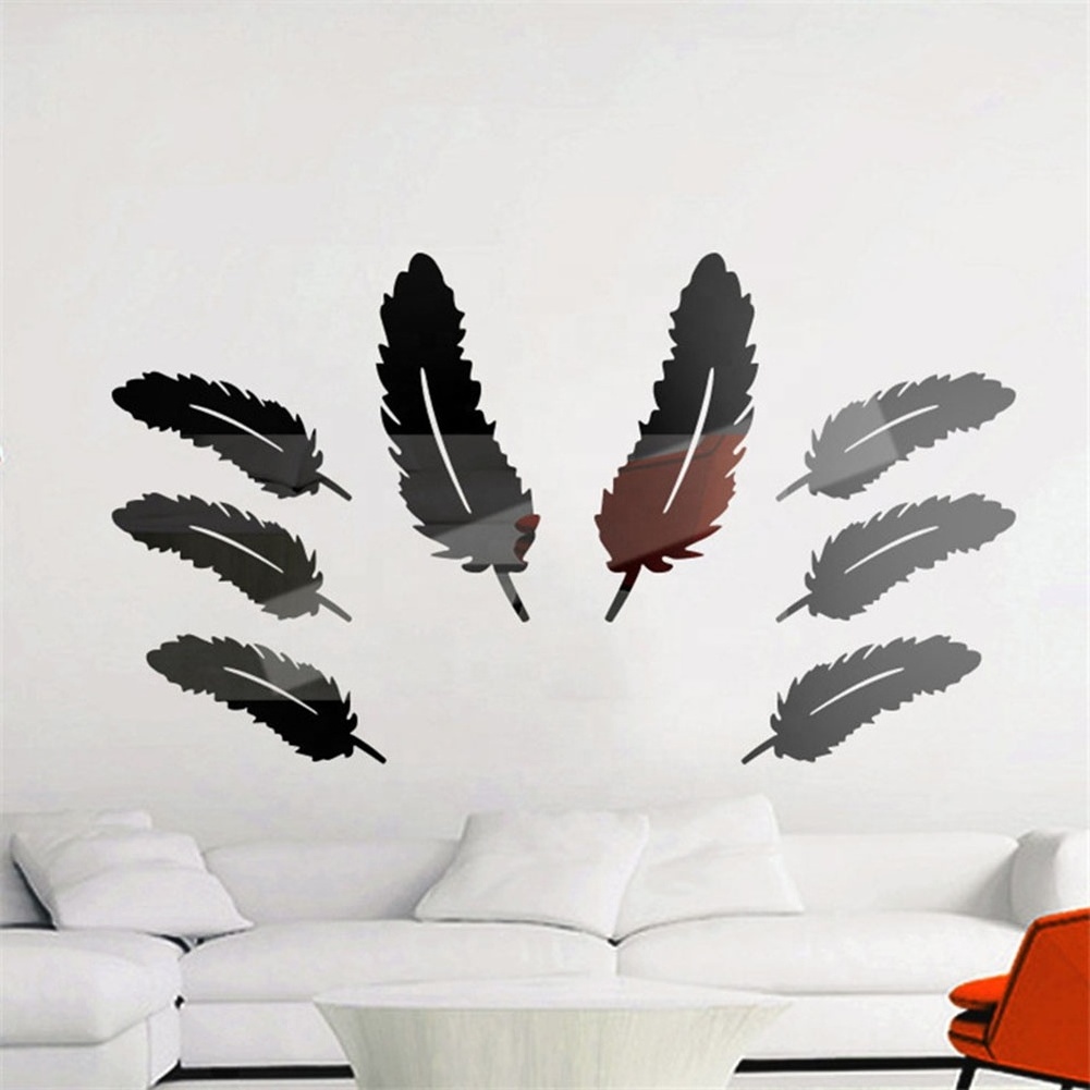 Mirror Self-adhesive Stickers 8 pcs Feather Mirror Sticker Acrylic Wall Paper DIY 3D Wall Decal Living Room Bathroom Decoration