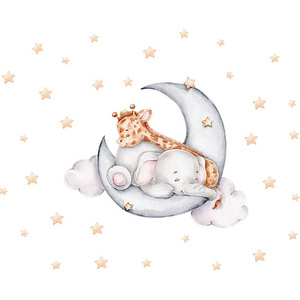 Cartoon Elephant Giraffe Sleeping Wall Stickers Moon Decorative Wall Decals Baby Nursery Animal Stickers for Bedroom Kids Room