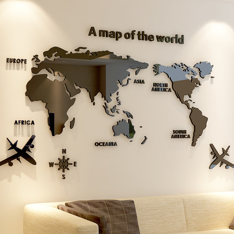 Black World Map Wall Sticker Self Adhesive 3D Acrylic Wall Sticker Decal Home Decor Art DIY Living Room Art Decal