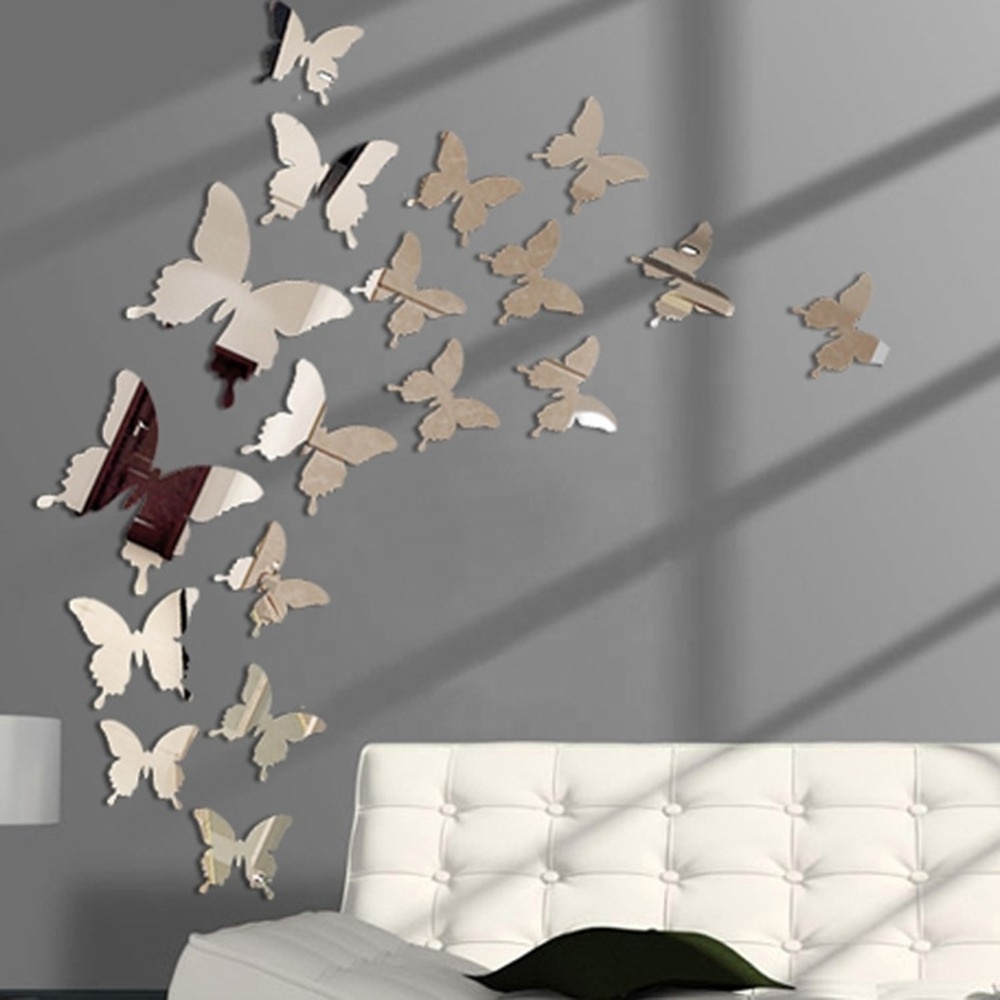 12Pcs/set Mirror Wall Sticker Decal 3D Butterfly Wall Sticker Art Movable Wedding Decorative Children's Room Decorative Sticker