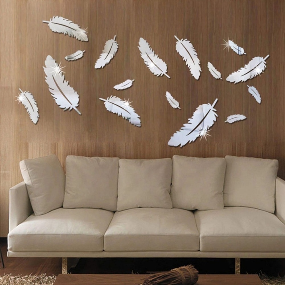 Mirror Self-adhesive Stickers 8 pcs Feather Mirror Sticker Acrylic Wall Paper DIY 3D Wall Decal Living Room Bathroom Decoration