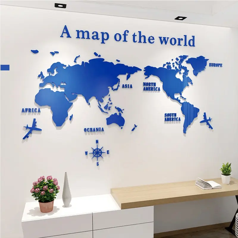 Black World Map Wall Sticker Self Adhesive 3D Acrylic Wall Sticker Decal Home Decor Art DIY Living Room Art Decal