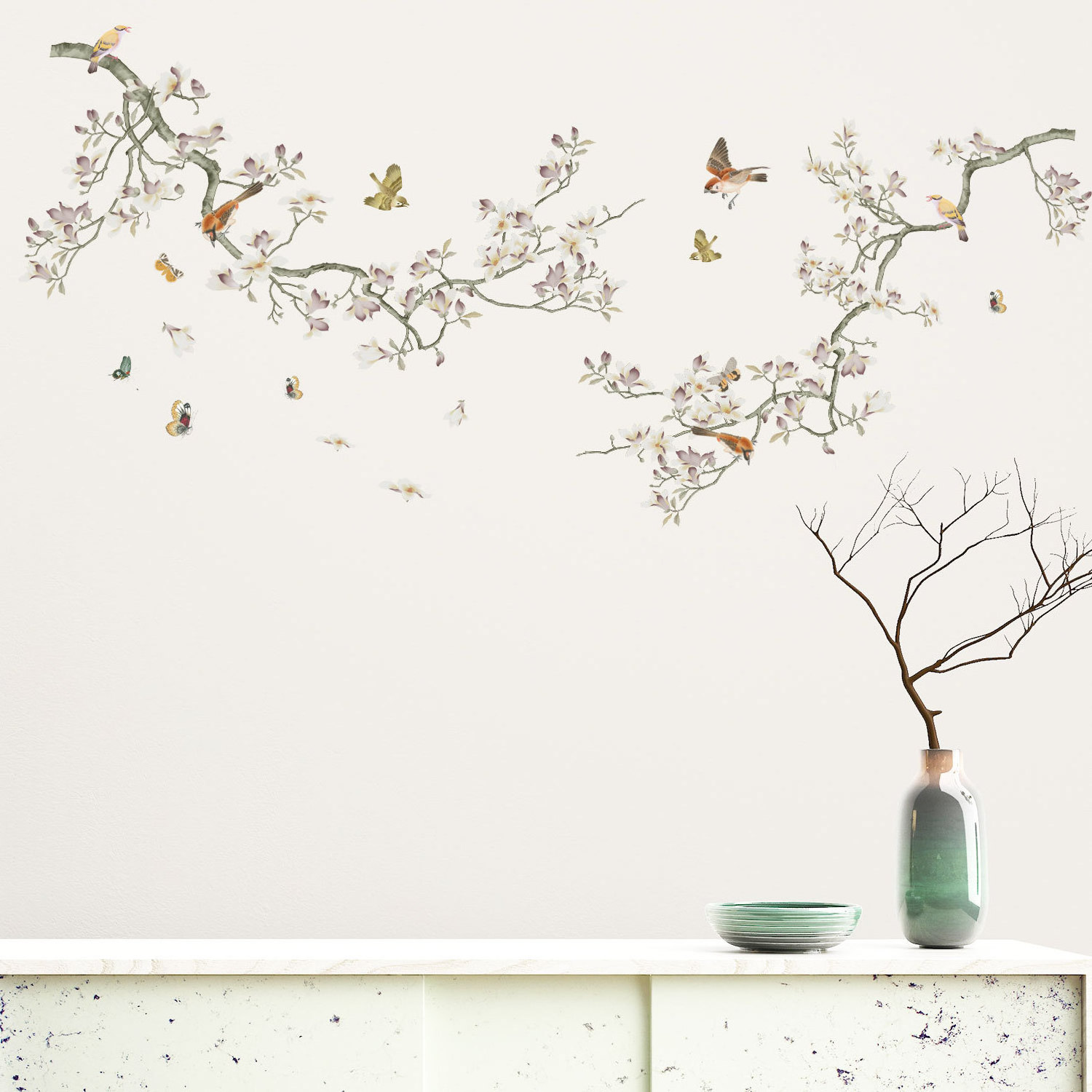 Flower Tree Branch Wall Stickers Living Room Background Decoration Bird Butterfly Wallpaper Home Decor Art Decals Sticker