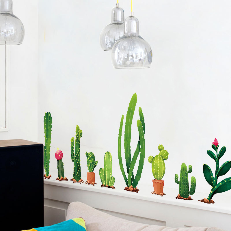 DIY Cartoon Cactus Wall Sticker For Kids Room Living Room TV Background Sofa Wall Decal Custom Wholesale Green Plant Stickers