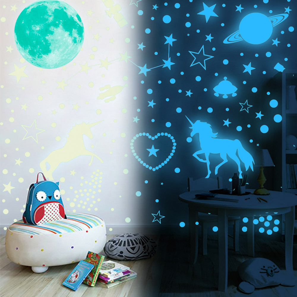 Luminous Moon Stars Unicorn Wall Stickers Glow In The Dark 3D Bubble Dot Star For Home Kids Room Ceiling Decor Fluorescent Wall