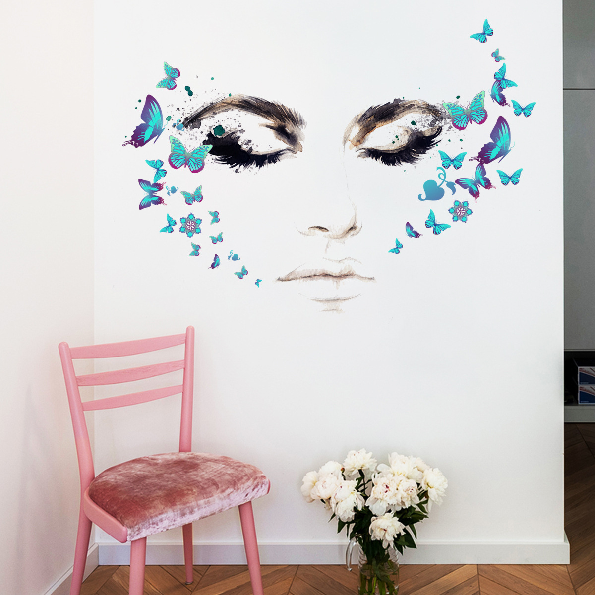 Blue Butterfly Flower Rattan Charming Eyelash Wall Stickers Home Decoration For Living Room Bedroom 30*60cm*2sheet Home Decor