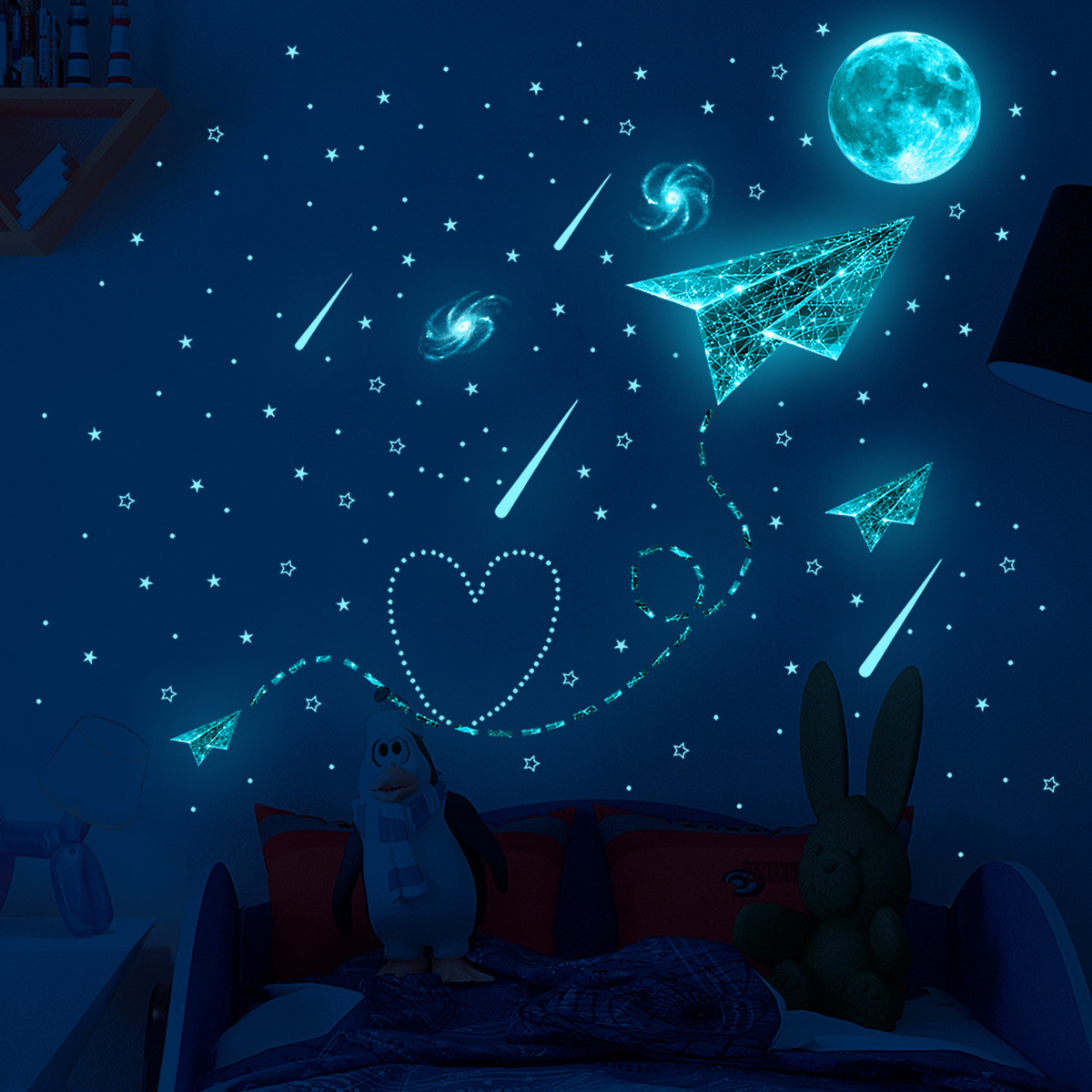 New blue light universe moon plane luminous stars wall sticker for kids bedroom nursery decor glow in dark wall stickers