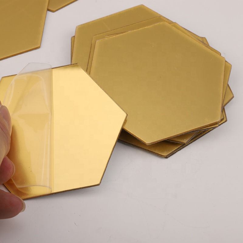 New 3D Self-Adhesive Gold Rectangle Hexagon Mirror Acrylic Wall Sticker Self Adhesive Mirror Laser Golden Acrylic Mirror Sheet