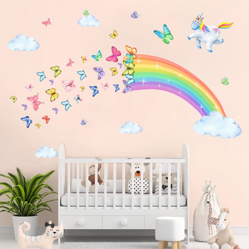 Butterfly Rainbow Unicorn Wall Stickers for Kids Room Decoration Baby Girls Baby Boys Room Wall Decals Kindergarten Nursery Room