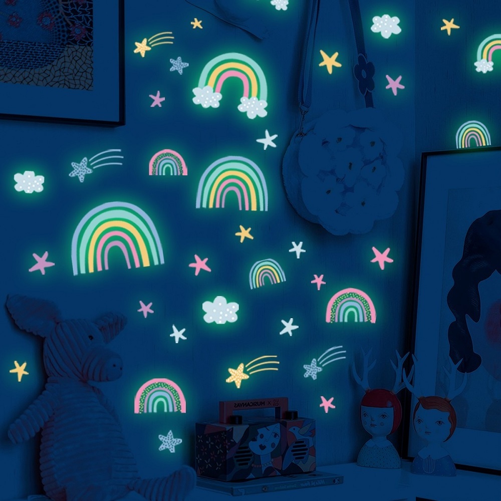 Cartoon Rainbow Cloud Luminous Wall Stickers For Kids Rooms Bedroom Home Wall Decals  Stars Stickers