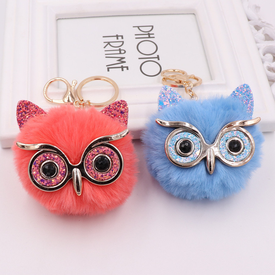 Owl Faux Fur  fur ball Keychain bag Purse Holder Key ring Backpack Pendants Owl Faux Fur green Pom Pom Key chains