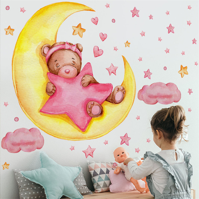 Bear Moon Clouds Stars Wall Stickers For Baby Kids Room Background Home Decoration Living Room Wallpaper Nursery Sticker