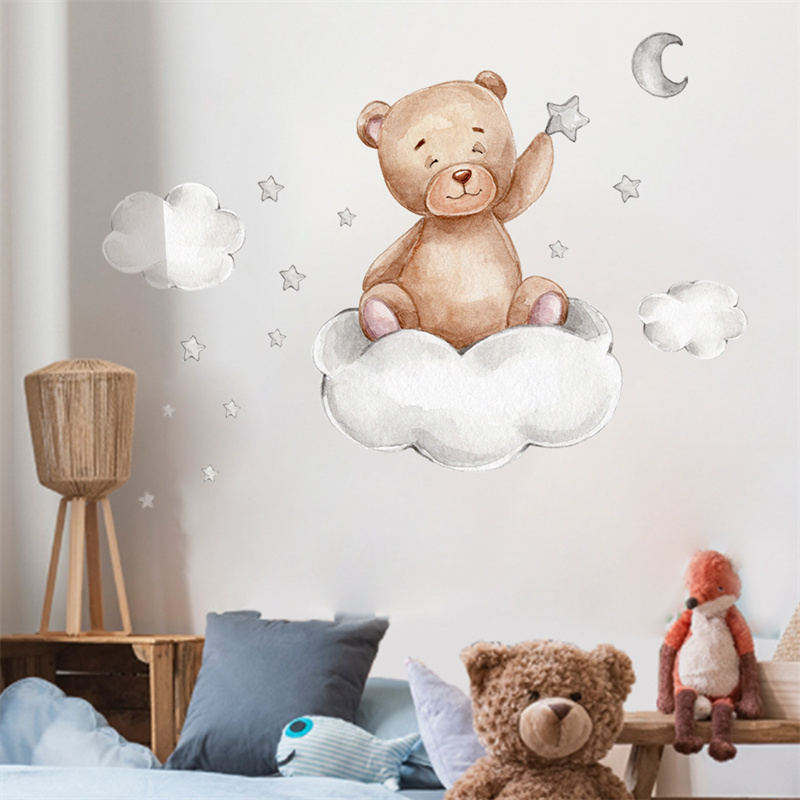 Bear Moon Clouds Stars Wall Stickers For Baby Kids Room Background Home Decoration Living Room Wallpaper Nursery Sticker