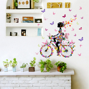 Fashion Beauty Butterfly Girl Wall Mural Colorful Butterflies Bicycle Wallpaper Home Decor For Women Living Room Wall Decal