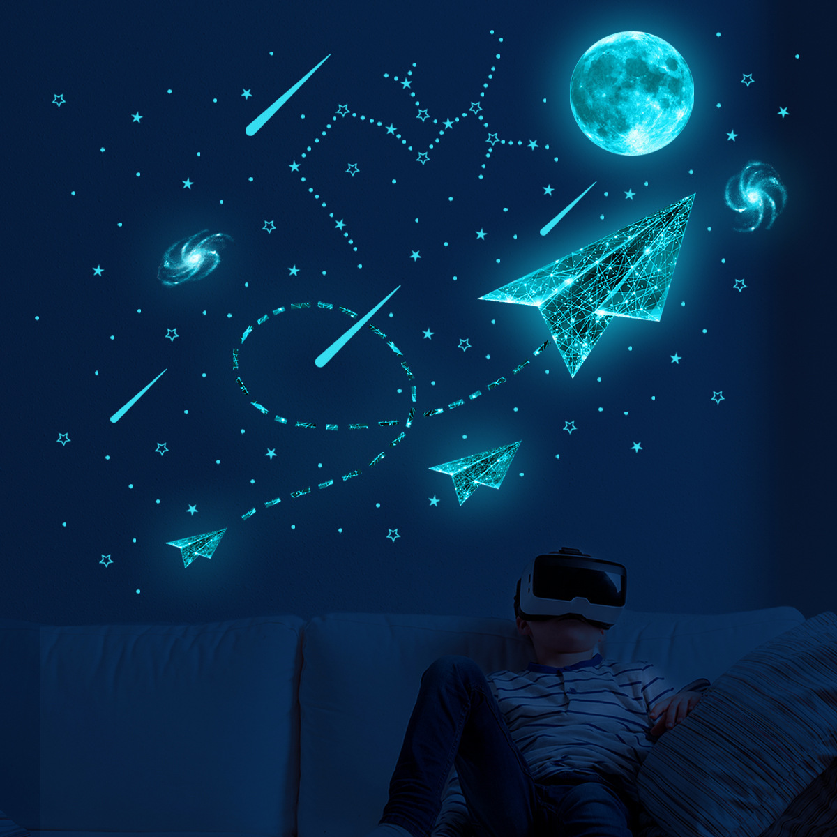 New blue light universe moon plane luminous stars wall sticker for kids bedroom nursery decor glow in dark wall stickers