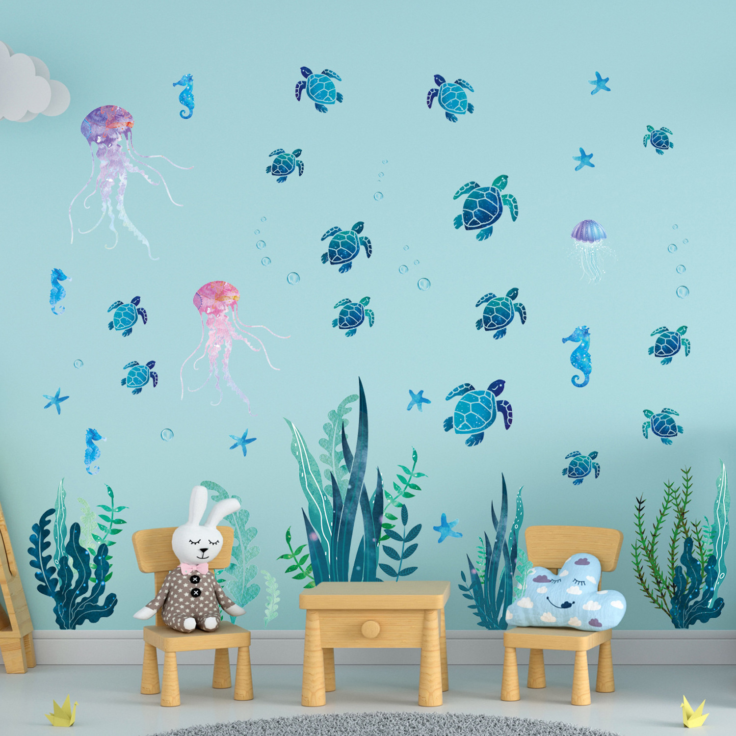 Underwater World Turtle Water Grass Wall Sticker Bedroom Children's Room Vinyl Base Board Waist Sticker Home Decoration