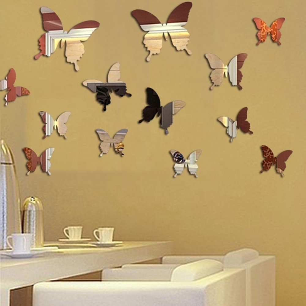 12Pcs/set Mirror Wall Sticker Decal 3D Butterfly Wall Sticker Art Movable Wedding Decorative Children's Room Decorative Sticker