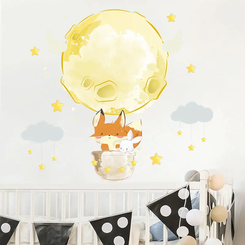 Wholesale Cartoon Animal Adhesive Wall Decals Fox And Rabbit Hot Air Balloon Removable Wall Stickers For Nursery Classroom Decor