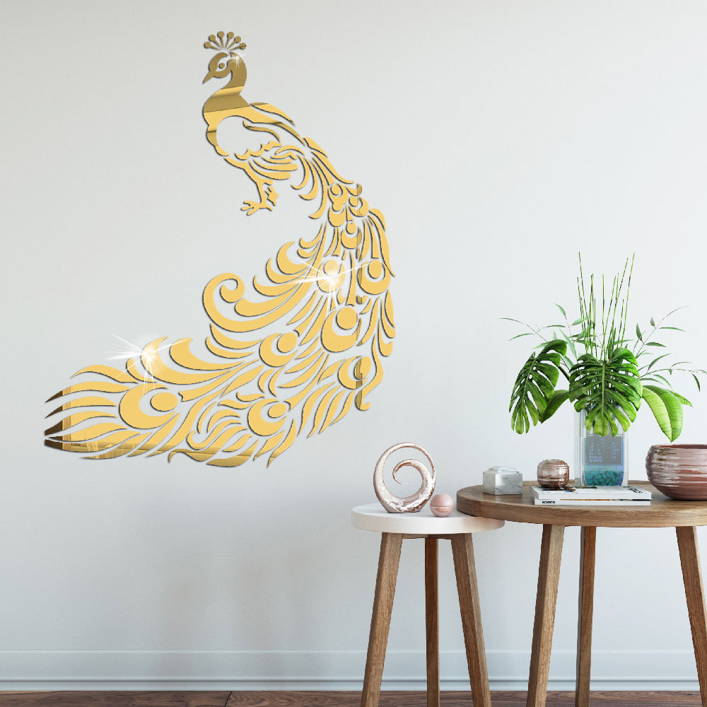 3D Peacock Mirror Wall Stickers for Kids Rooms Living Room Decoration Art Mural Decals DIY Crystal Acrylic Large Mirror Sticker